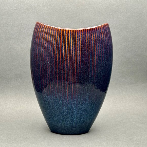 Mid-Century Modern Brown and Blue Ombre Glaze Fluted Ceramic Vase - Picture 1 of 9